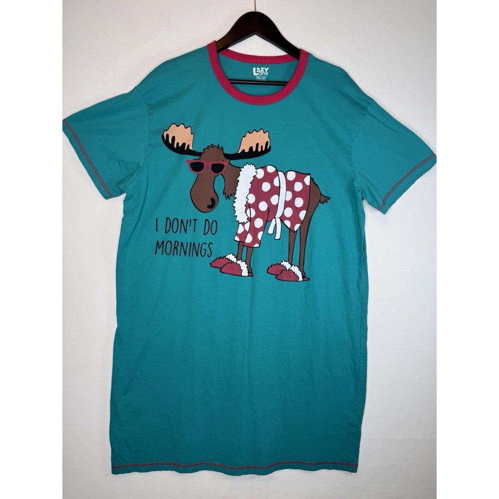 Lazy One Nightshirt Womens OS Teal I Don't Do Mornings Moose Sleepwear Cotton